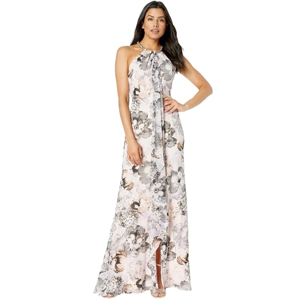 Calvin Klein Floral Halter Maxi Dress in White and Gray
